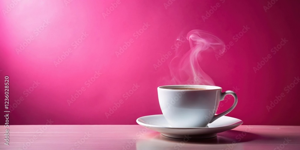 Fototapeta premium A steaming cup of coffee on a light wooden table against a bright pink background.