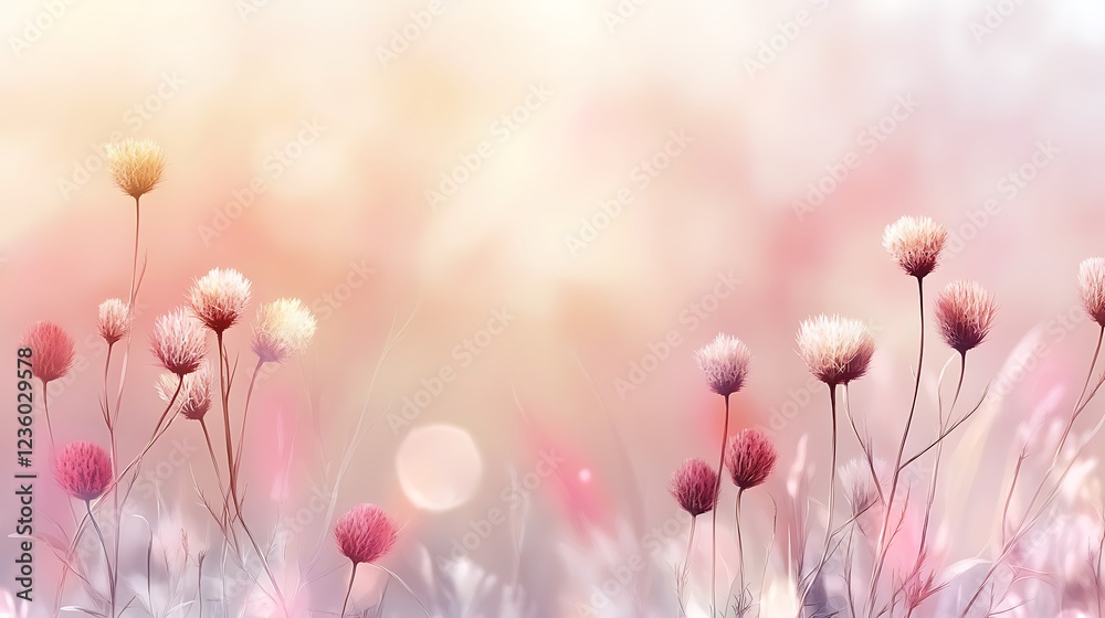 Pastel flowers in soft light, meadow background, peaceful, artistic