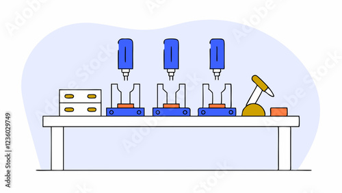 A production line setup is illustrated with three blue robotic arms and various tools on a table. The scene suggests an organized, automated manufacturing environment.AI
