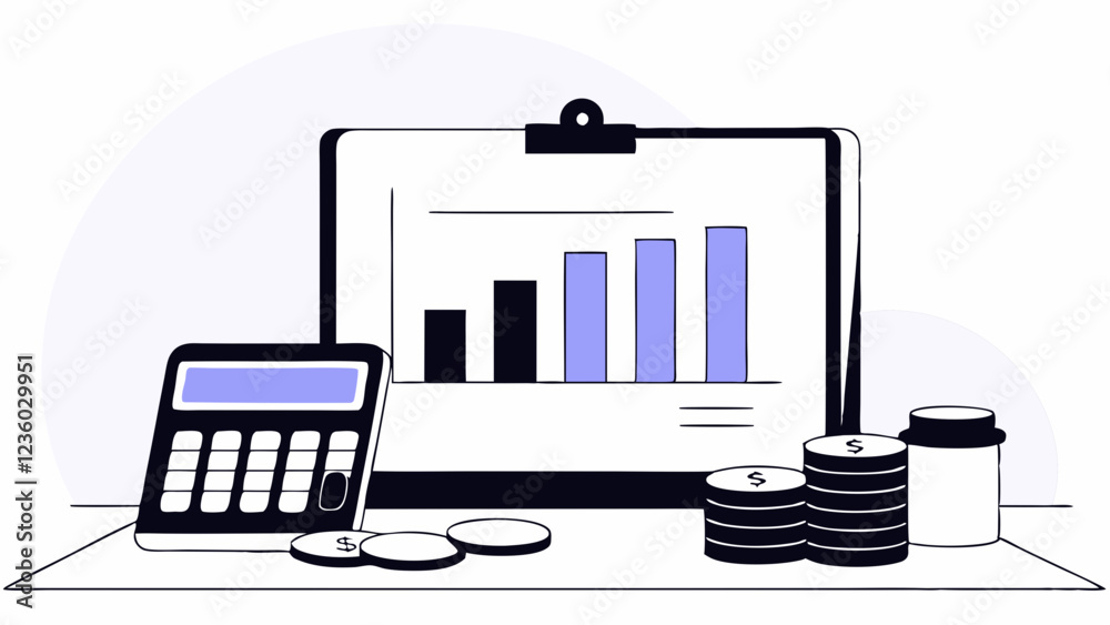 Obraz premium A calculator, coins, and a bar chart on a clipboard are depicted, suggesting themes of finance and accounting.Arrangement conveys an organized desk setup with elements related to money management.AI