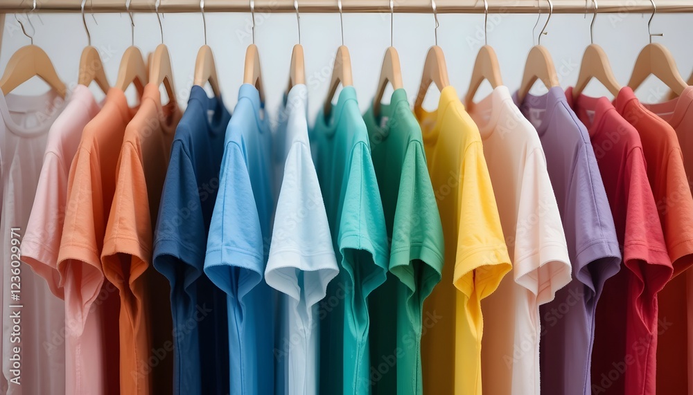 Fototapeta premium Colorful plain t-shirts hanging on hangers inside a clothing store showroom