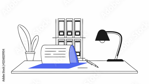 A desk is neatly organized with a potted plant, a stack of binders, and a desk lamp. A piece of paper and pen are laid out on the tabletop, suggesting a workspace ready for writing or studying.AI
