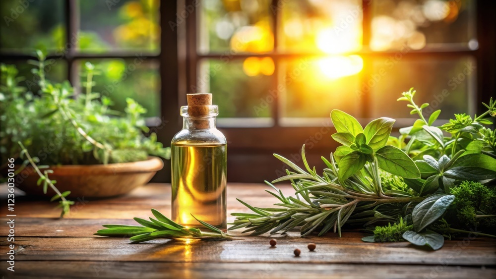 A bottle of essential oil with a cork stopper resting on a rustic wooden table surrounded by fresh herbs and a soft, warm light from the window behind