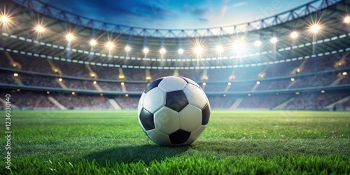 Soccer ball situated on lush green grass field with stadium in the background blurred, capturing natural sunlight reflection, blurred stadium, leisure