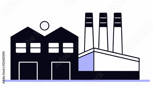 A minimalist depiction shows a factory with three towering smokestacks and two warehouse-like buildings. The design uses simple geometric shapes and a limited color palette for a clean, modern look.AI