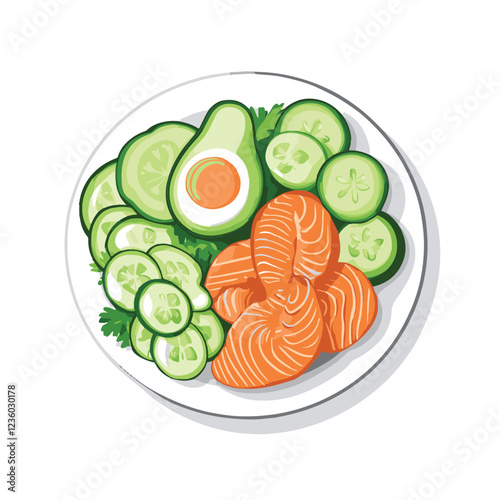 A plate of avocado cucumber and salmon 