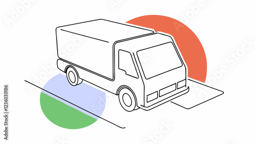A simple line drawing depicts a truck, set against a white background with abstract circles in red, blue, and green. The geometric shapes add a minimalist and modern touch to the composition.AI