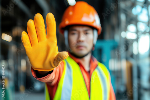 A construction worker wearing safety gear signals to stop in a busy work environment.
