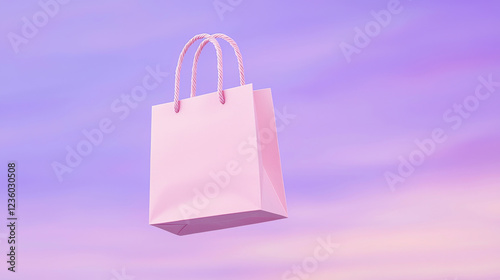 A floating pink shopping bag against a dreamy pastel sky background.