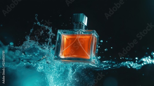 An artistic rendering of a perfume bottle submerged in vibrant water splashes, showcasing fluidity, luxury, and the essence of fragrance in a fresh, modern style.