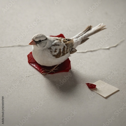 A white sparrow carrying a tiny letter sealed with a wax stamp.