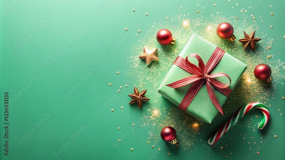 Naklejka premium A Green Gift Box With Red Ribbon And Festive Decorations Surrounded By Sparkling Glitter On A Green Background