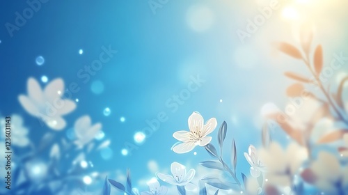 Delicate flowers in soft blue light, springtime, abstract background, digital art, stock image