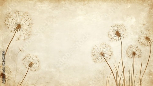 Vintage dandelion illustration on aged paper background photo