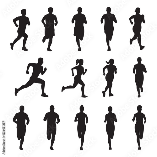 Man and woman runner silhouettes set, large pack of vector silhouette design, isolated white background