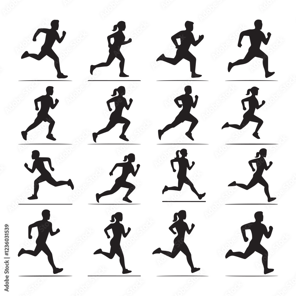 Man and woman runner silhouettes set, large pack of vector silhouette design, isolated white background Man and woman runner silhouettes set, large pack of vector silhouette design, isolated white background