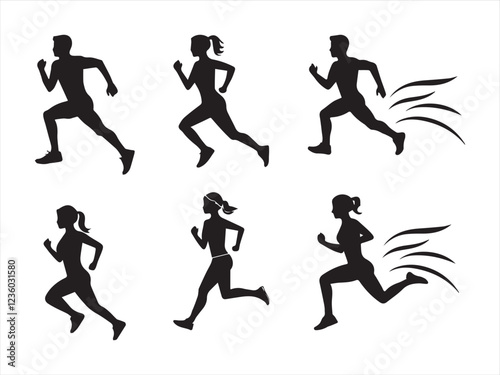 Man and woman runner silhouettes set, large pack of vector silhouette design, isolated white background