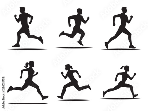 Man and woman runner silhouettes set, large pack of vector silhouette design, isolated white background