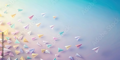 A colorful array of paper airplanes soars across a delicate pastel gradient background, evoking a sense of carefree flight and hopeful dreams.