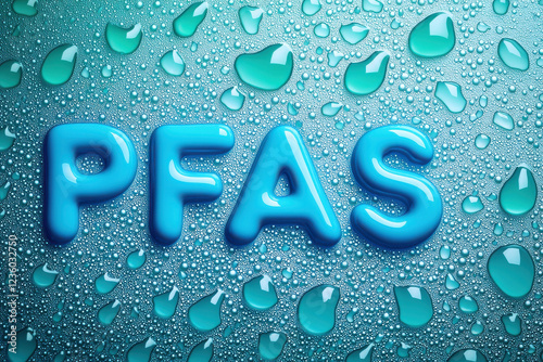 Illustration of PFAS letters on a wet background with water droplets, symbolizing pollution.