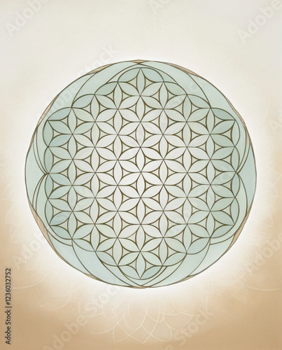 The image shows the Flower of Life, a symbol of sacred geometry.