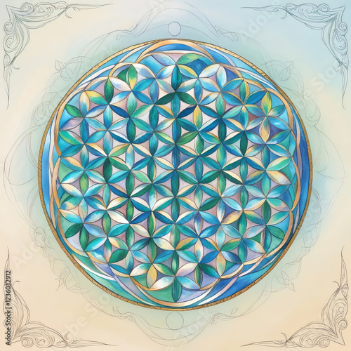 The image shows the Flower of Life, a symbol of sacred geometry.