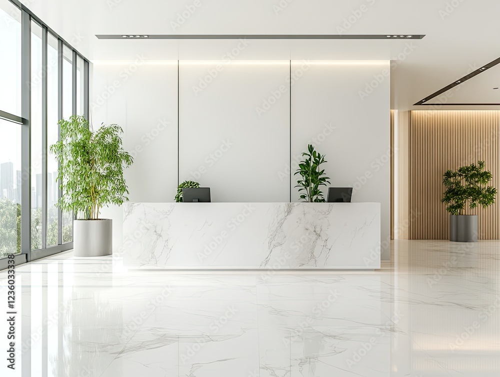 custom made wallpaper toronto digitalModern Office Lobby with Marble Reception Desk and Green Potted Plants Interior Design