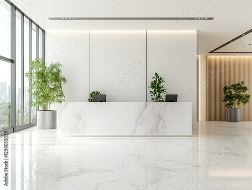 Wallpaper Mural Modern Office Lobby with Marble Reception Desk and Green Potted Plants Interior Design Torontodigital.ca