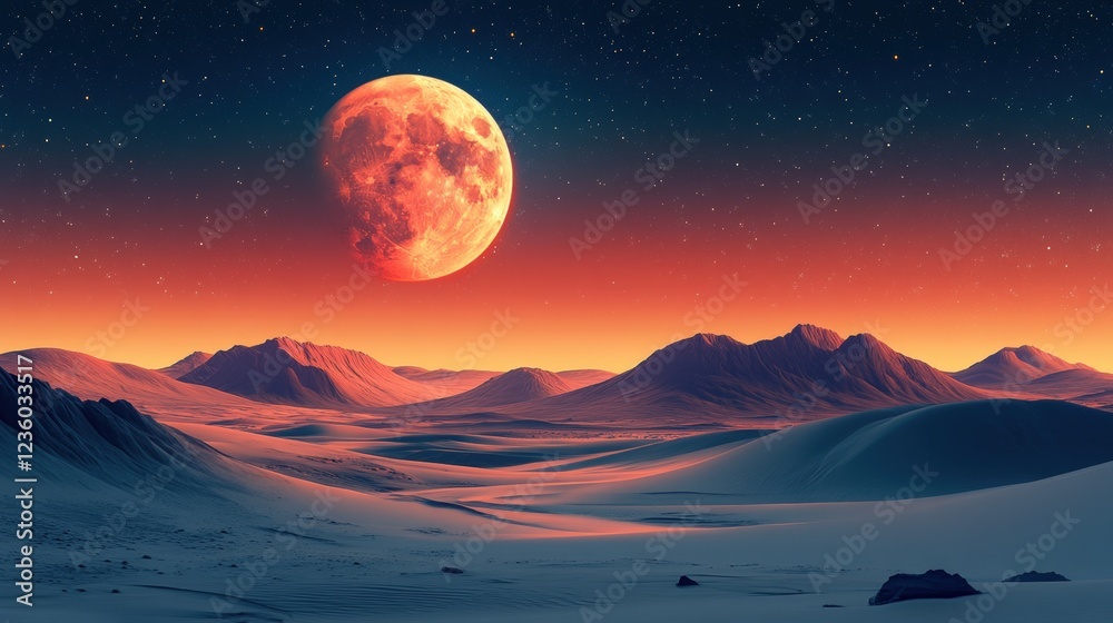 Fototapeta premium Step Into a World of Contrasts with a Stunning Moonlit Desert Landscape Featuring Dramatic Colors and Majestic Mountains Under a Starry Sky