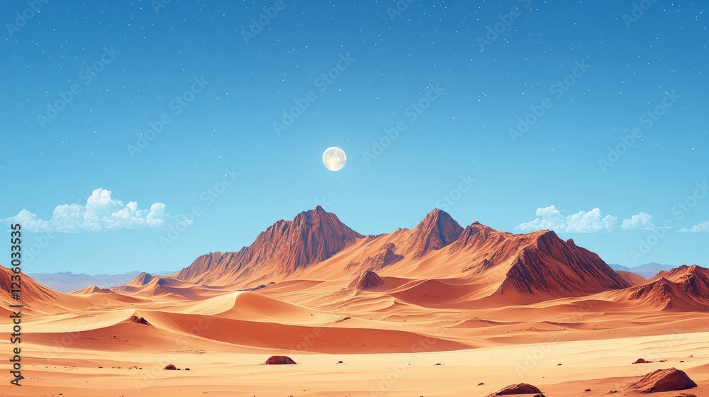 Fototapeta premium Step into a World of Contrasts with Majestic Mountains and Serene Desert Under a Clear Sky and Glowing Moonlight