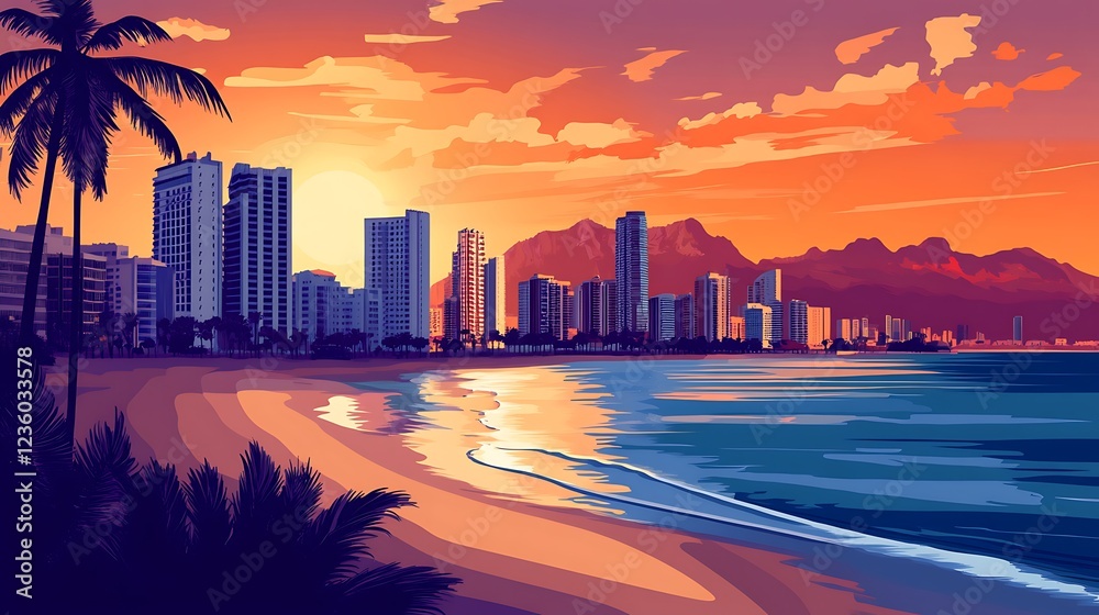 Obraz premium Tropical city beach sunset, urban landscape, tranquil scene, digital illustration, travel destination