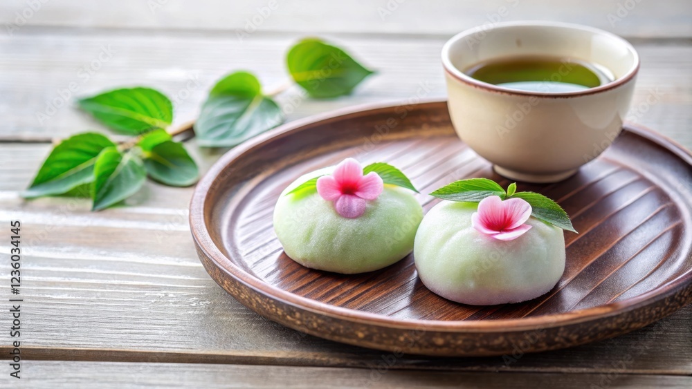 Two Green Mochi with Pink Flowers and a Cup of Tea on a Wooden Plate Two Green Mochi with Pink Flowers and a Cup of Tea on a Wooden Plate