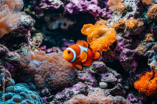 Clownfish Amphiprion ocellaris swimming in a marine aquarium with vivid orange corals in the background showcasing a vibrant underwater scene