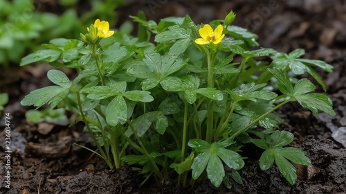 Closeup View of Dewy Yellow Flower and Green Leaves in Dark Soil