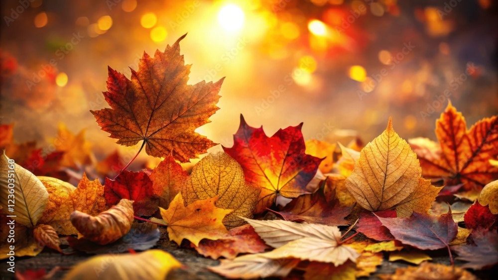 A symphony of autumn colors, with vibrant reds, oranges, and yellows, captured in a close-up of fallen leaves bathed in the golden glow of the setting sun. A symphony of autumn colors, with vibrant reds, oranges, and yellows, captured in a close-up of fallen leaves bathed in the golden glow of the setting sun.