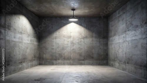 A solitary light fixture casts a spotlight on a bare concrete room, highlighting the rough texture of the walls and the emptiness of the space.