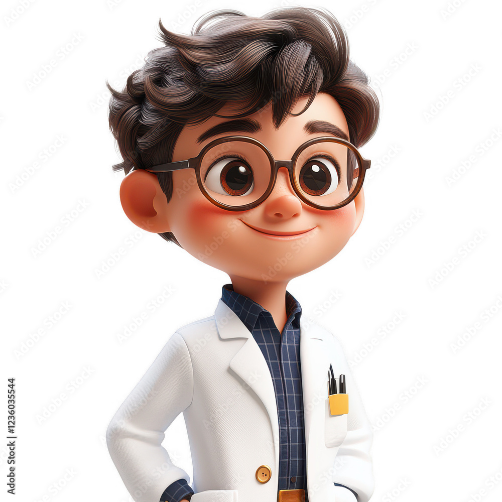A cartoonish young man in a white lab coat and glasses is smiling A cartoonish young man in a white lab coat and glasses is smiling