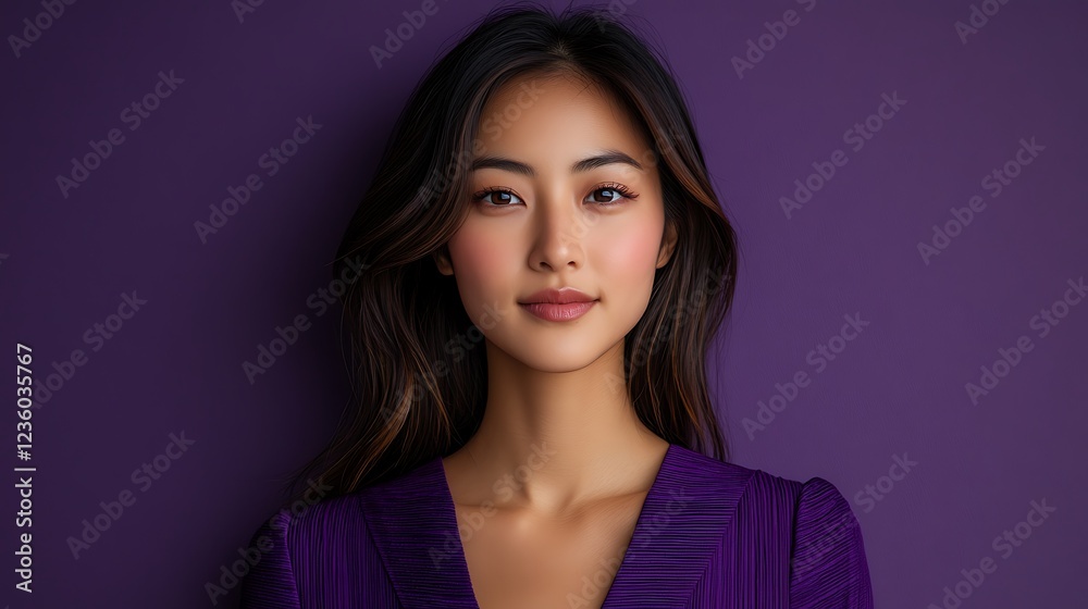 Fototapeta premium Woman in purple dress, confident portrait against deep purple backdrop. Potential use professional, corporate image
