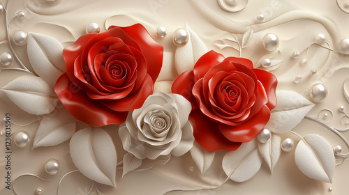 Rose rosse con inserti dorati. Rilievo. Sfondo.
