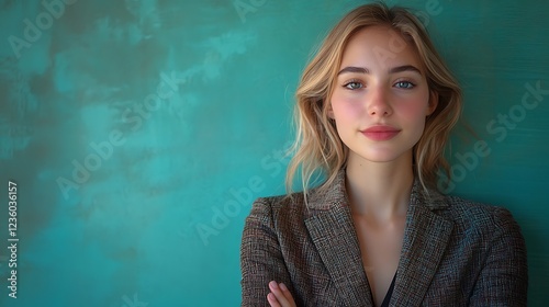 Young woman poses confidently against teal wall photo