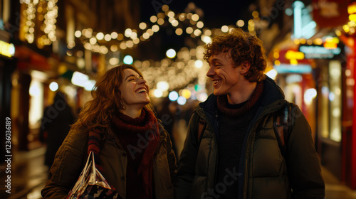 Joyful couple enjoying a festive evening stroll with holiday decorations in a vibrant city street photo