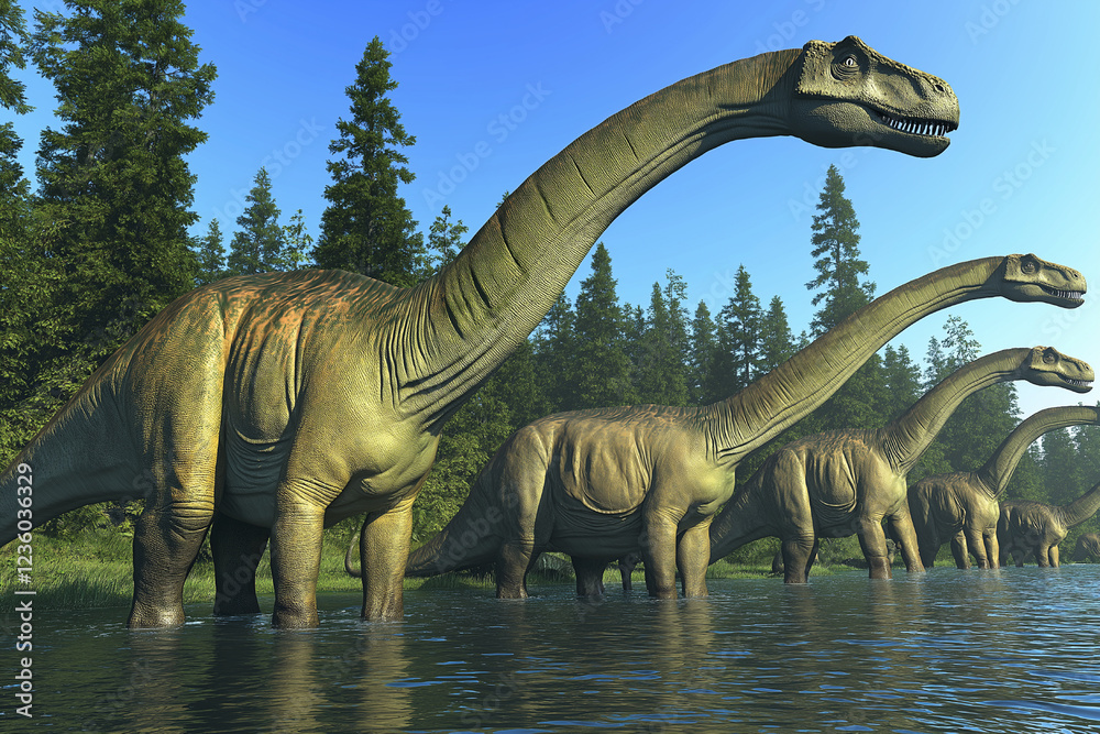 Fototapeta premium Prehistoric Giants: A Herd of Sauropods by a Tranquil Lake