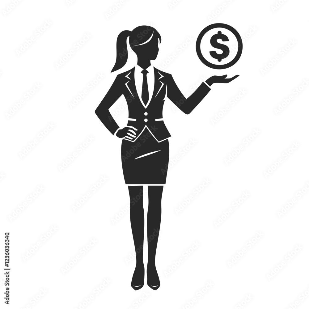A silhouette of a businesswoman holding a dollar sign, symbolizing finance, success, and professionalism. A silhouette of a businesswoman holding a dollar sign, symbolizing finance, success, and professionalism.
