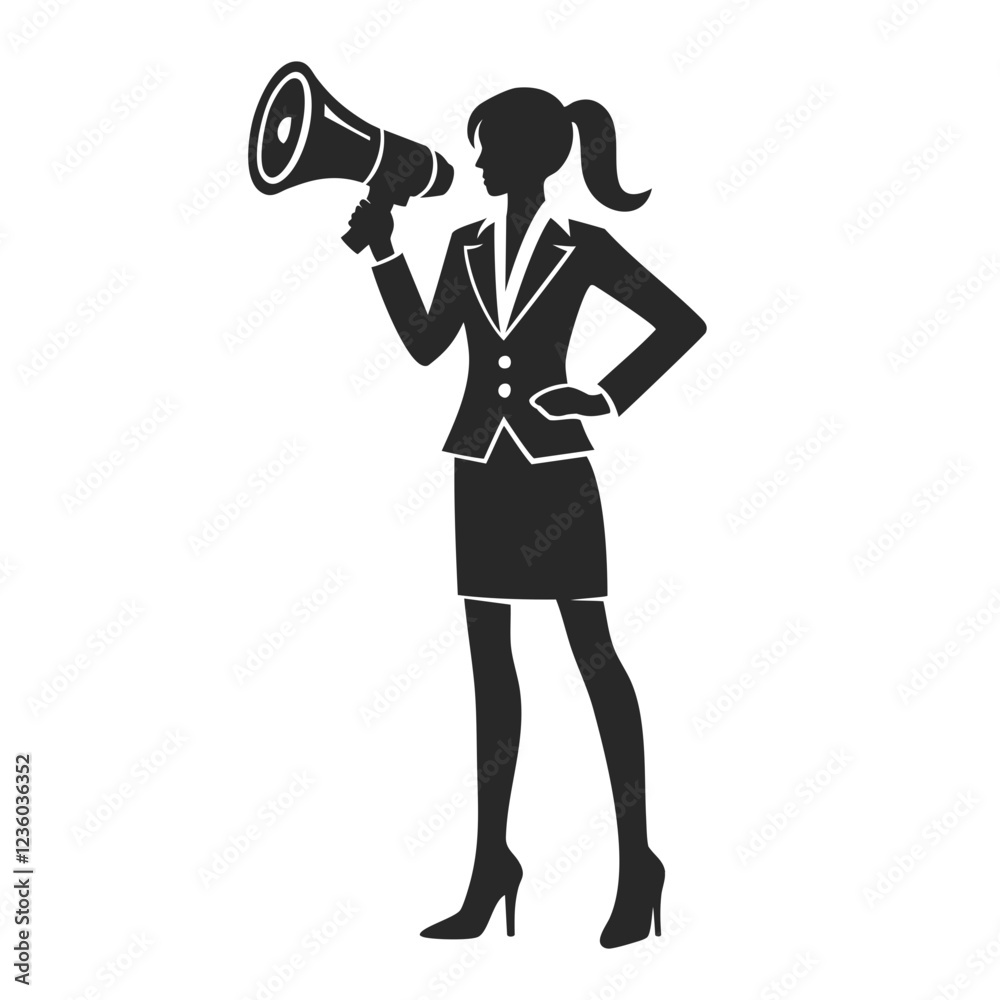 A silhouette of a businesswoman holding a megaphone, symbolizing leadership, communication. A silhouette of a businesswoman holding a megaphone, symbolizing leadership, communication.