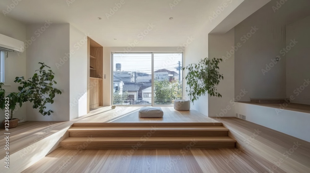 Obraz premium Serene Minimalist Japanese-Style Living Room with Sunlit Floor-to-Ceiling Window and Elevated