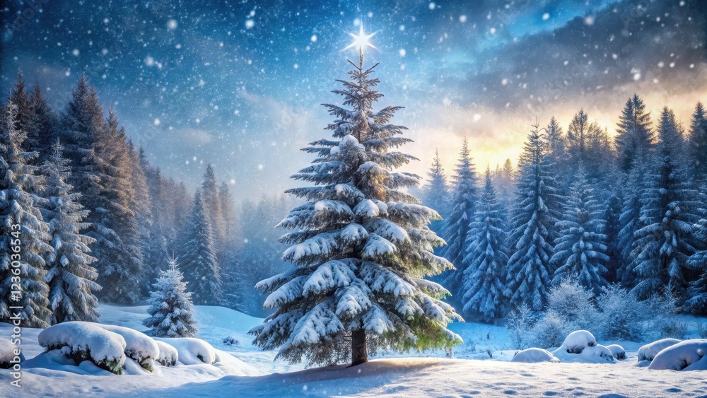 Snowflakes gently falling on a tall spruce tree in a quiet forest glade surrounded by snow-covered rocks and bare branches, snowy forest, serene landscape Snowflakes gently falling on a tall spruce tree in a quiet forest glade surrounded by snow-covered rocks and bare branches, snowy forest, serene landscape