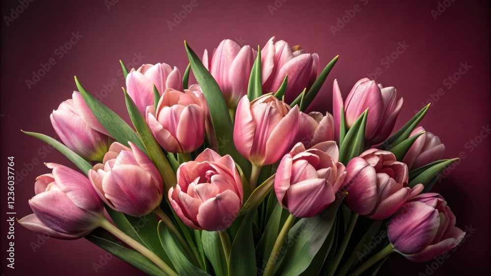 Fototapeta premium A bouquet of pink tulips arranged against a deep red background, showcasing the delicate beauty and vibrant hues of these spring flowers.