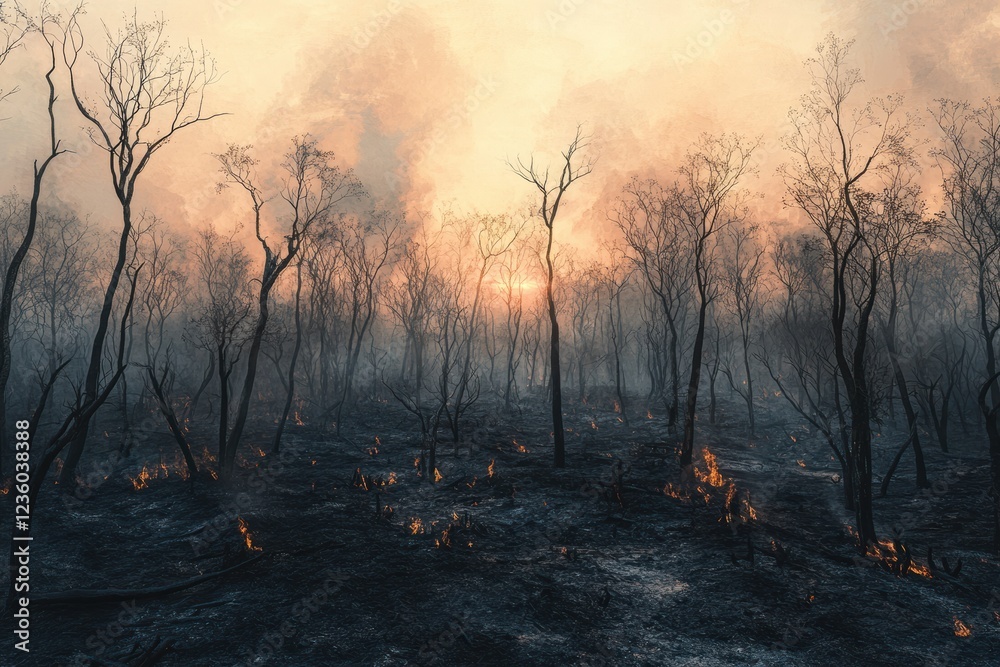 Smoldering Forest with Burnt Trees at Sunrise, selective focus Smoldering Forest with Burnt Trees at Sunrise, selective focus
