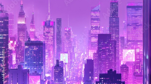 Wallpaper Mural Purple Night Cityscape, Aerial View, Futuristic Glow, Manhattan Skyline, Banner Torontodigital.ca