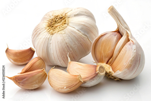 Fresh garlic heads and cloves on a white background